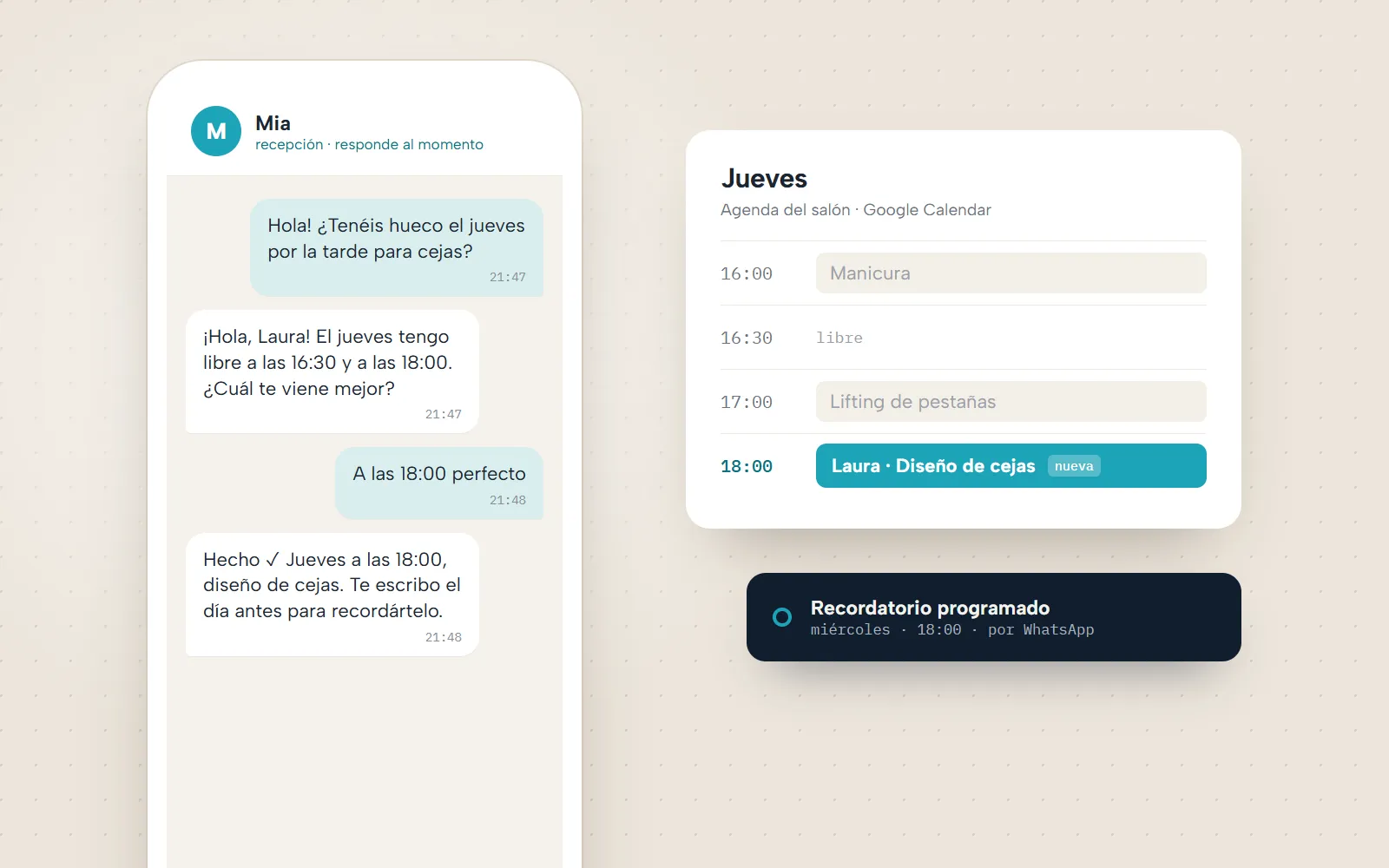 Ilustración de MIA con una conversación de WhatsApp en la que se reserva una cita, la agenda del día con la cita nueva y un recordatorio programado.